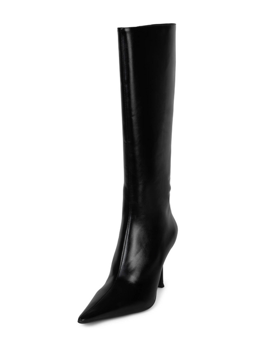 Black Full-Zip Pointed-Toe Mid Calf Stiletto Boots