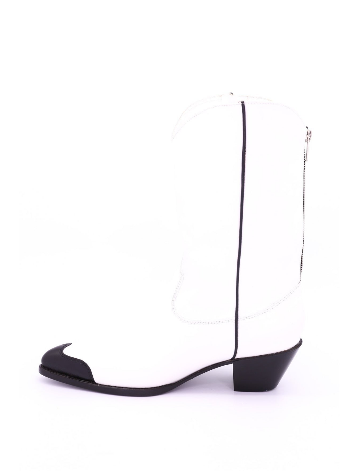 Contrast White And Black Almond-Toe Back-Zip Mid Calf Cowgirl Boots