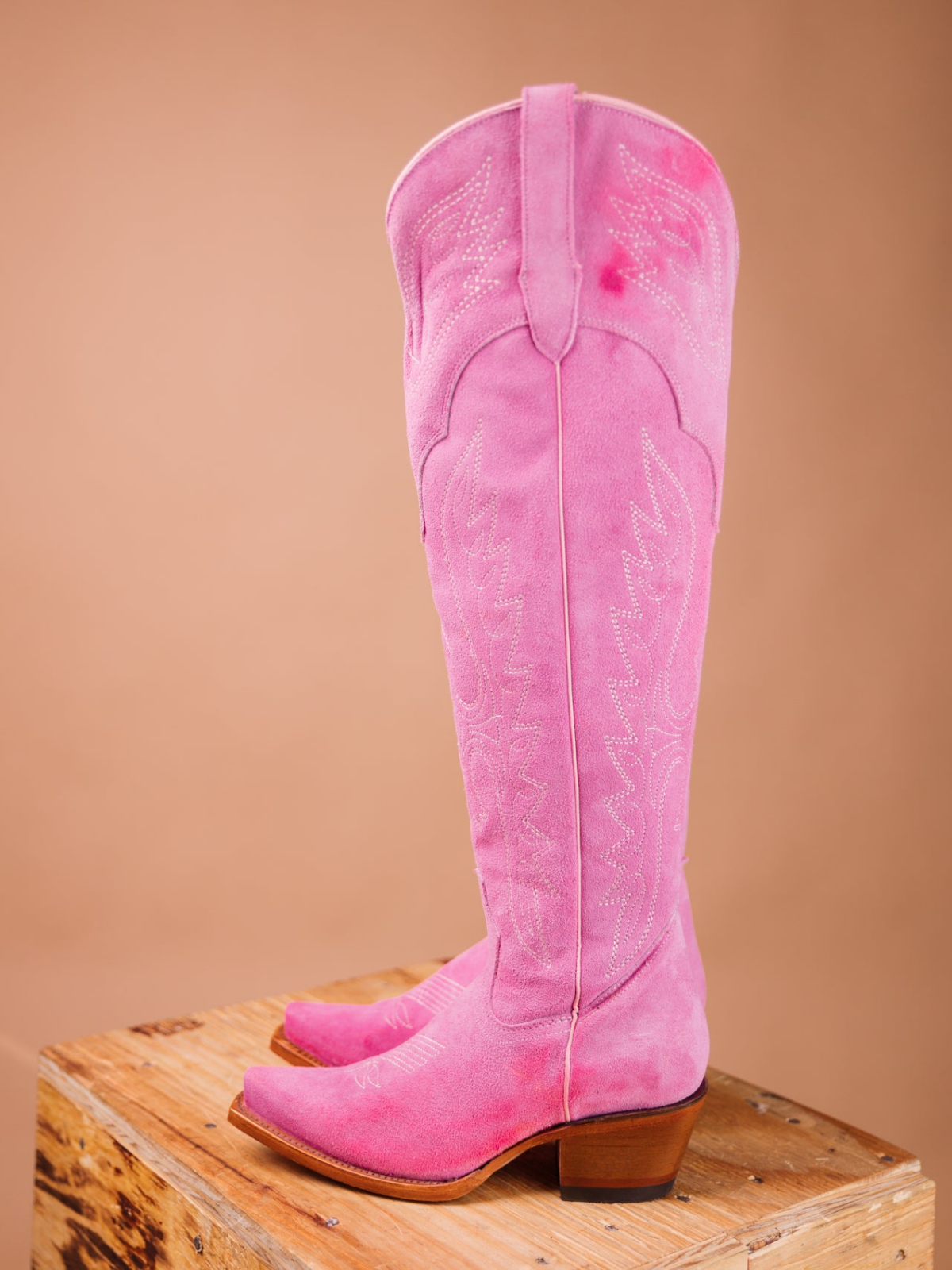 Eagle Embroidery Snip-Toe Half-Zip Over-The-Knee Tall Cowgirl Boots - Pink Faux Suede