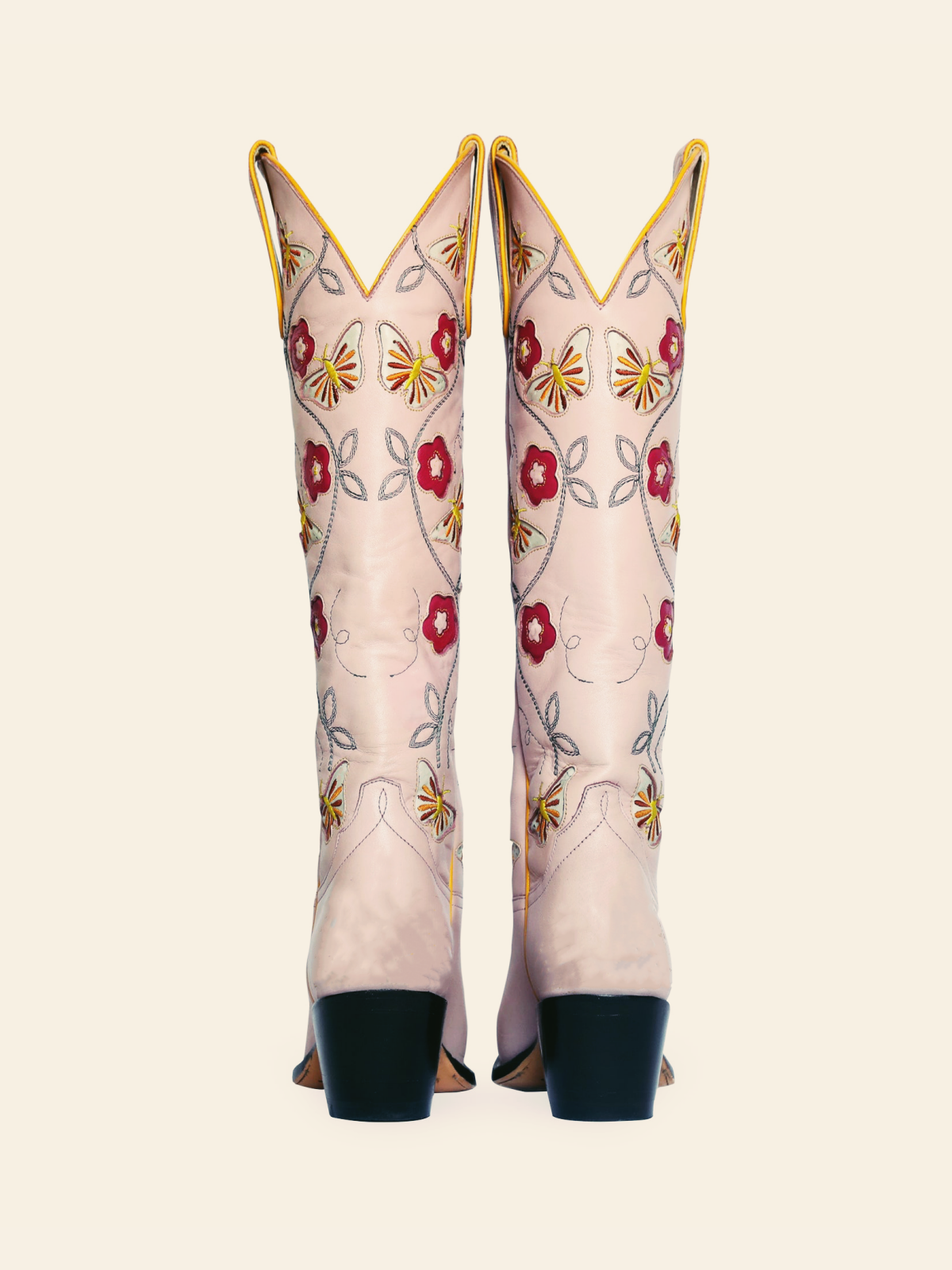 Blush Pink Stitch Almond-Toe Wide Calf Cowgirl Tall Boots With Butterfly Flower Inlay