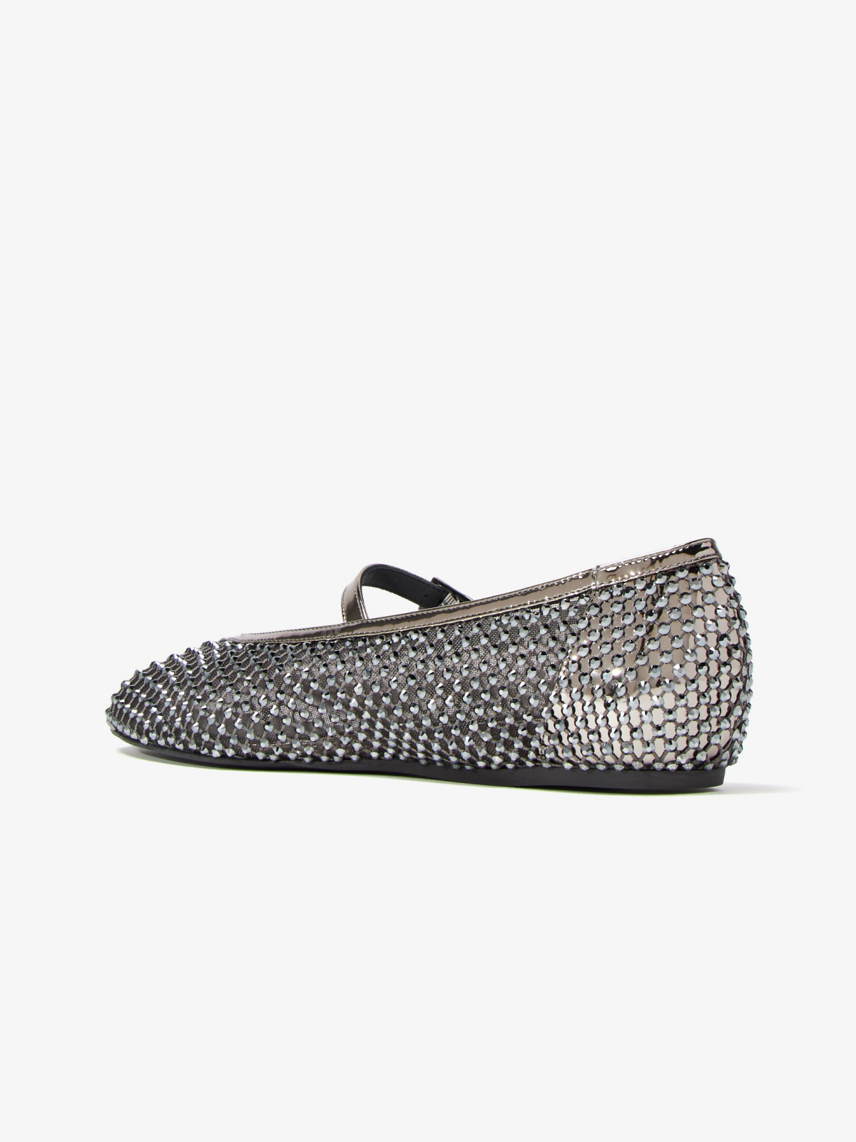 Metallic Silver Rhinestone Fishnet Round-Toe Ballet Flats Mary Janes