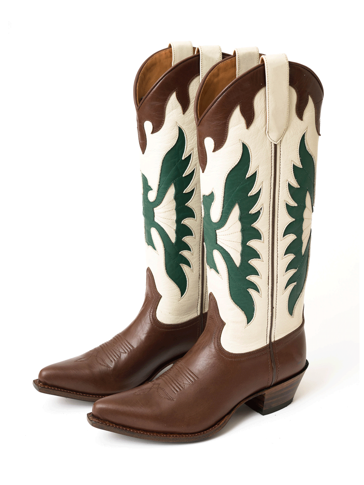 Contrast Brown And Ivory Snip-Toe Eagle Inlay Wide Mid Calf Tall Cowgirl Boots