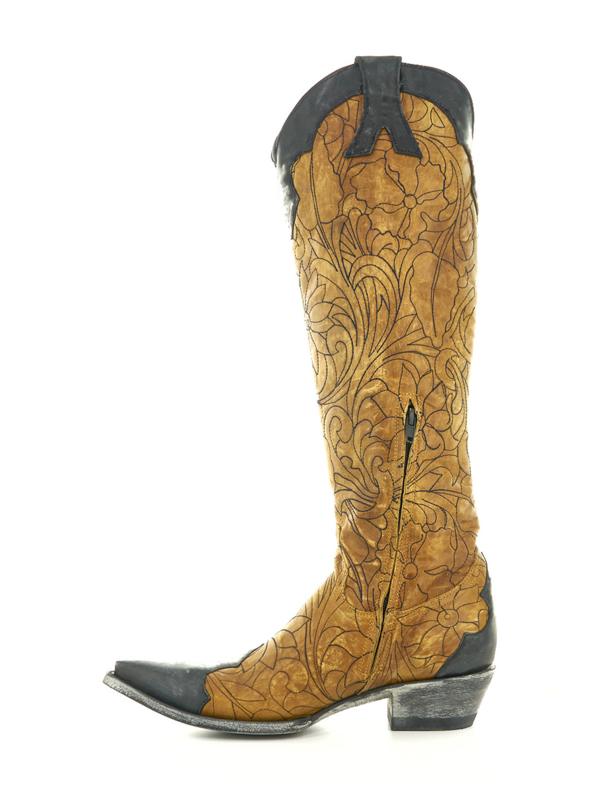 Distressed Yellow Snip-Toe Flower Embroidery Toebox Applique Half-Zip Tall Knee High Cowgirl Boots