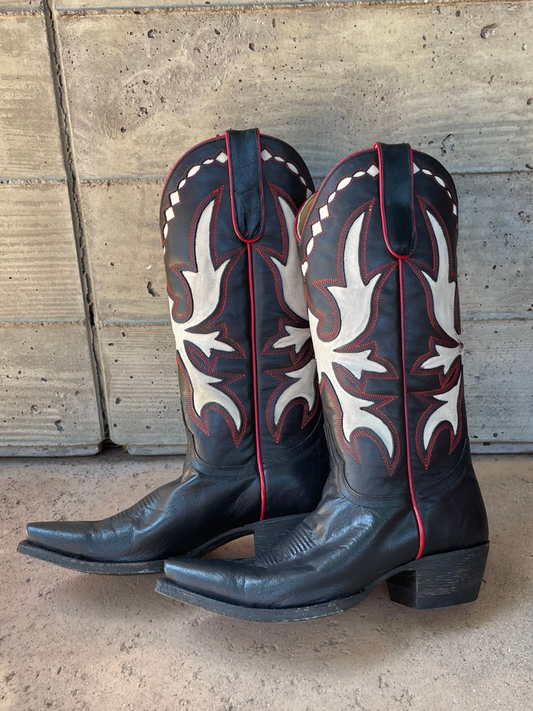 Black Snip-Toe Embroidery White Inlay Tall Wide Mid Calf Western Boots