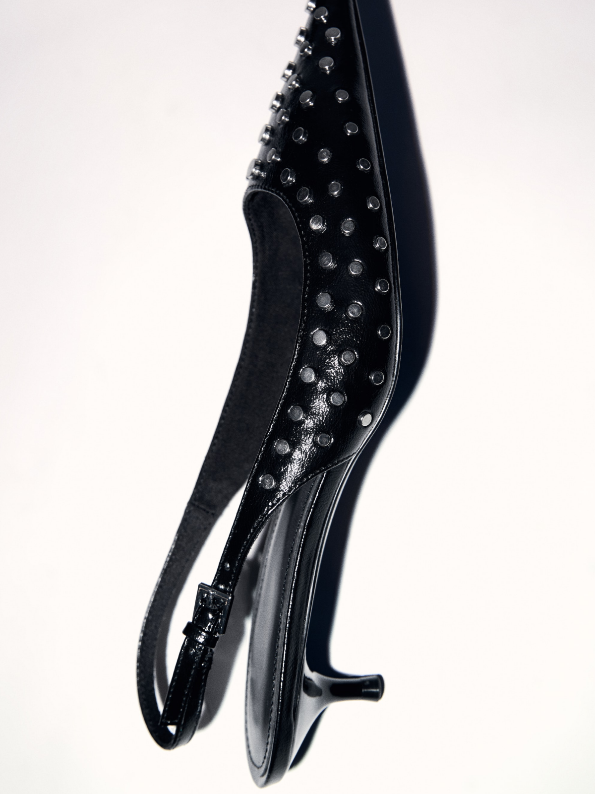 Black Pointed-Toe Studded Slingback Buckle Kitten Heels