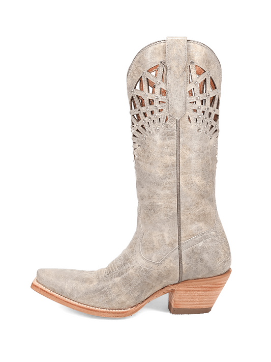 Distressed Gray Snip-Toe Cutout Crystal Wide Mid Calf Cowgirl Boots