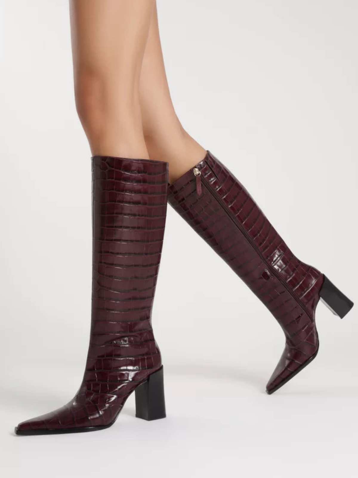 Wine Red Crocodile-Embossed Full-Zip Mid Calf Boots