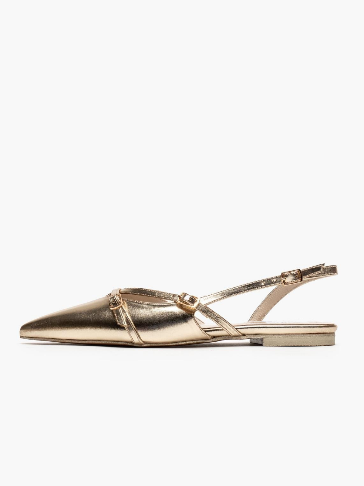 Metallic Gold Buckled Belt Detail Pointy Ballet Flats Slingbacks