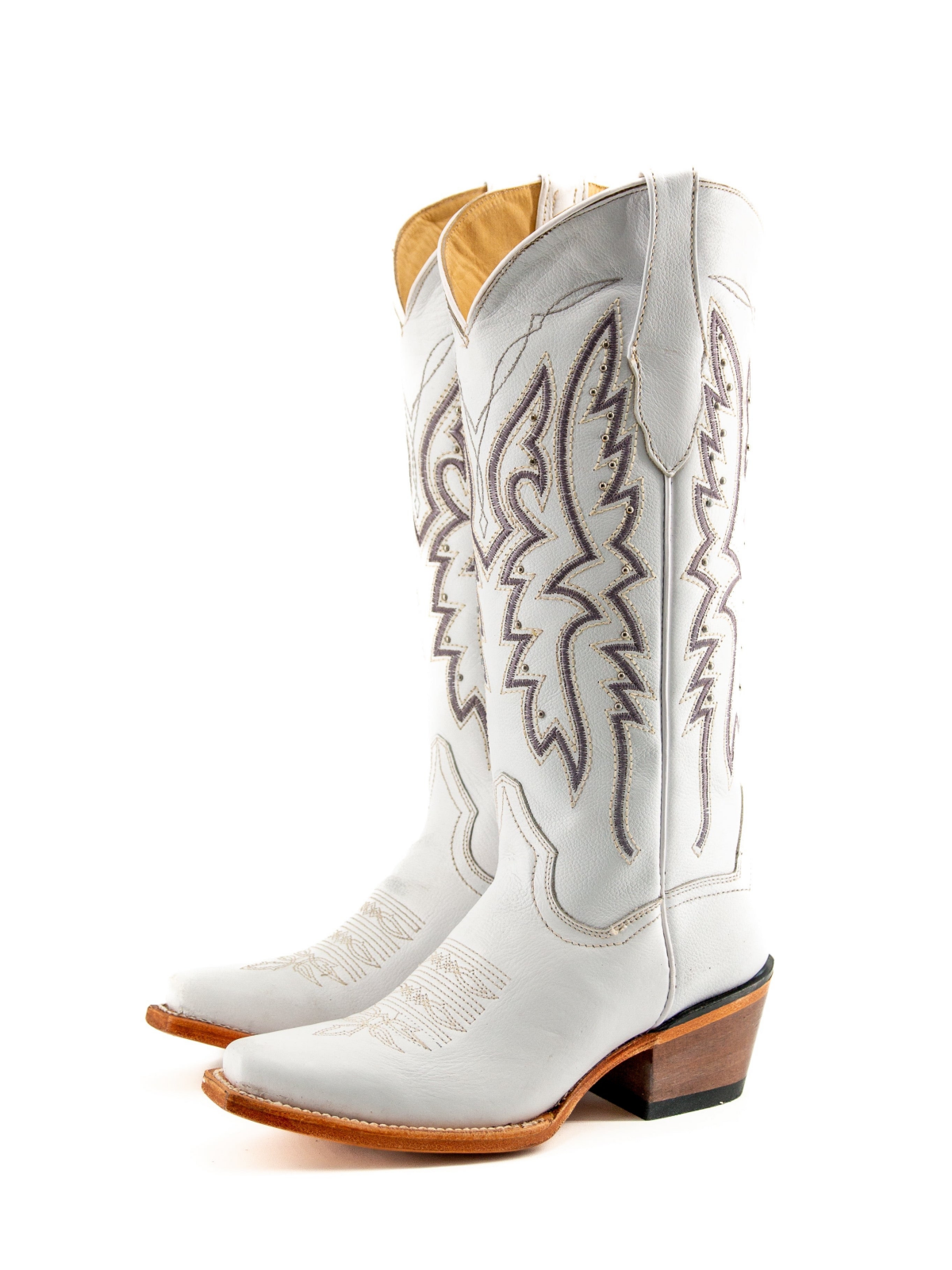 White Studded Embroidery Snip-Toe Wide Mid Calf Cowgirl Boots