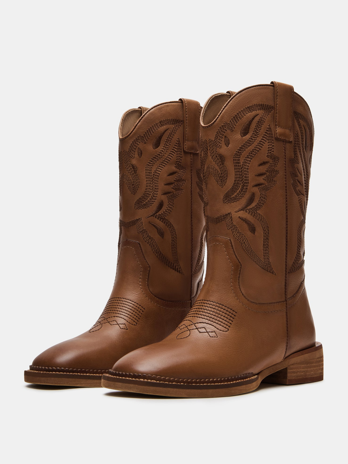 Cognac Square-Toe Classic Embroidery Wide Mid Calf Cowgirl Boots