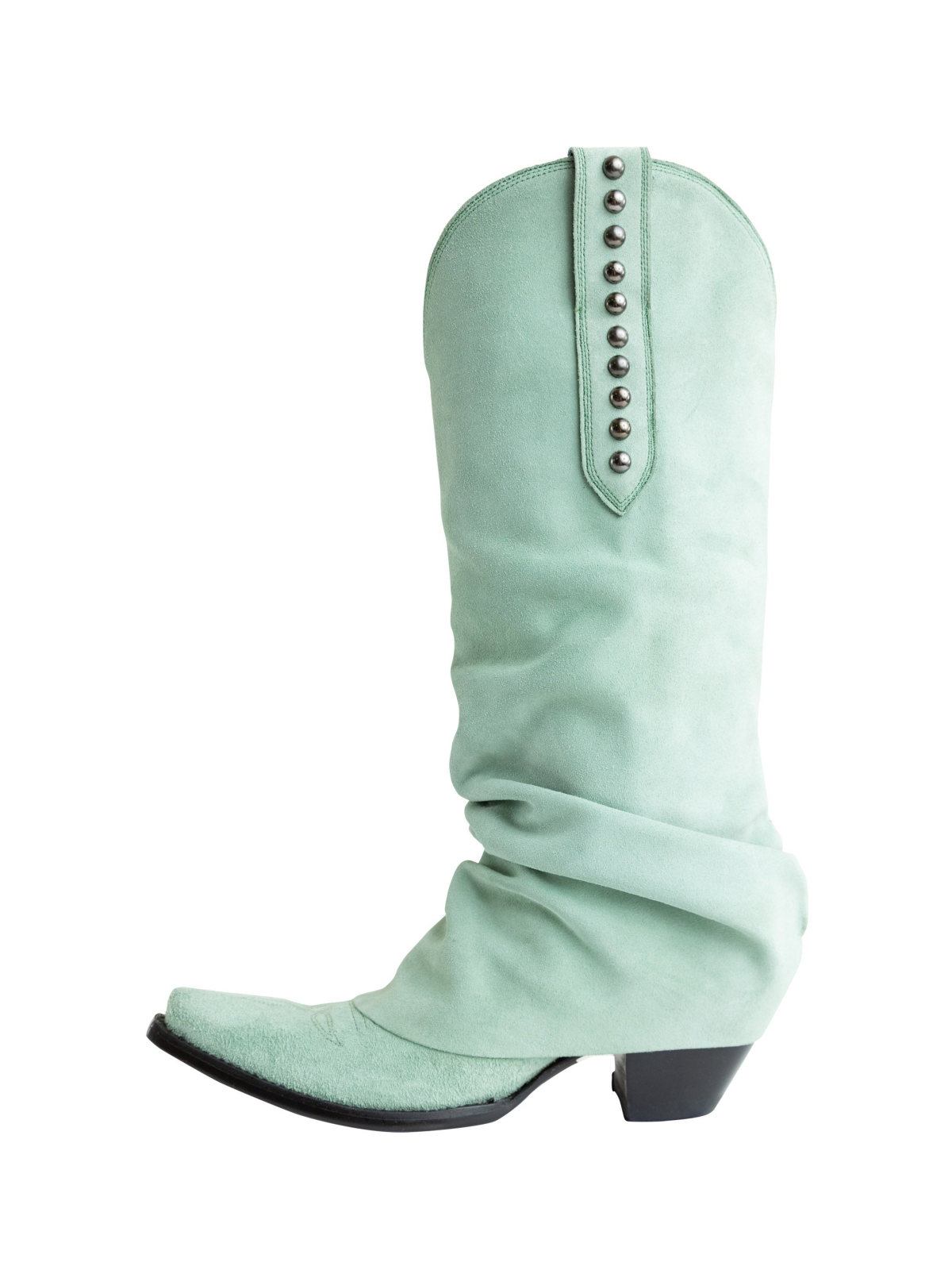 Light Green Faux Suede Snip-Toe Studded Tall Wide Mid Calf Fold-Over Slouch Cowgirl Boots