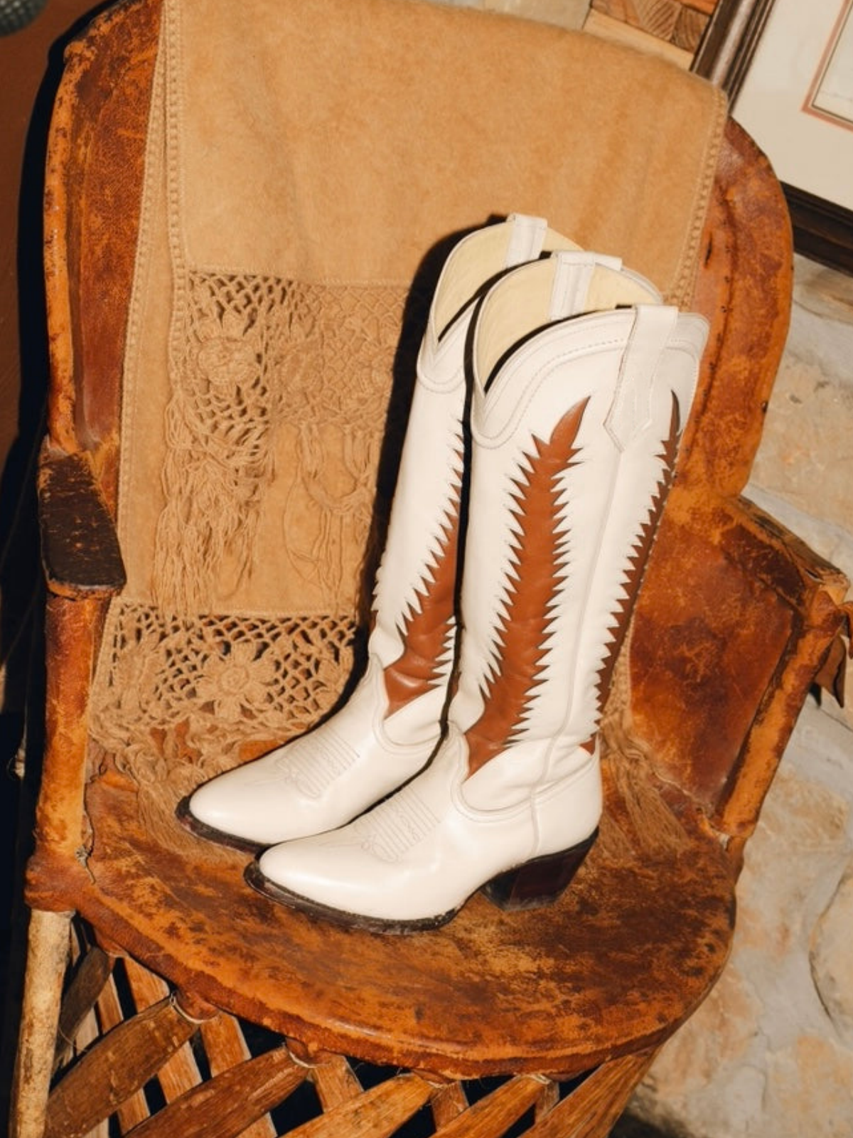 Tan Inlay Almond-Toe Wide Calf Knee High Tall Cowgirl Boots - Ivory