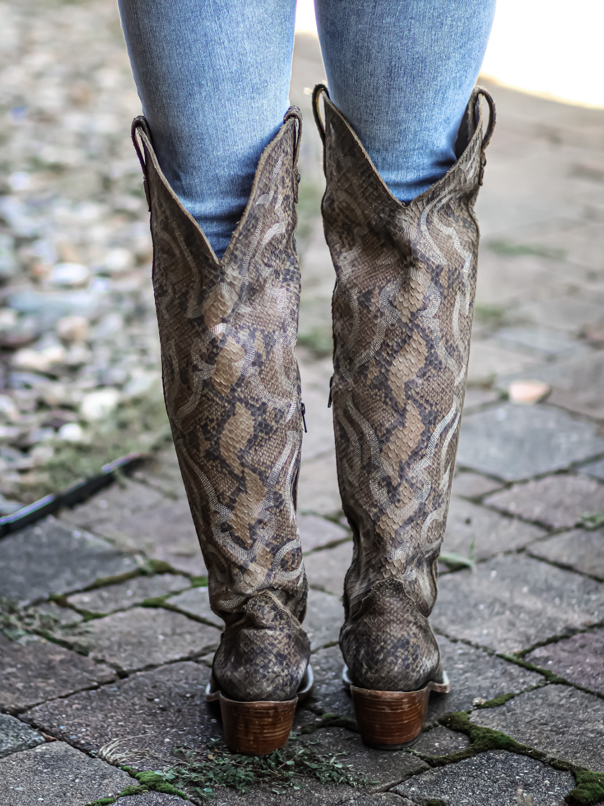 Snakeskin Almond-Toe Embroidery Half-Zip Over-The-Knee Cowgirl Boots