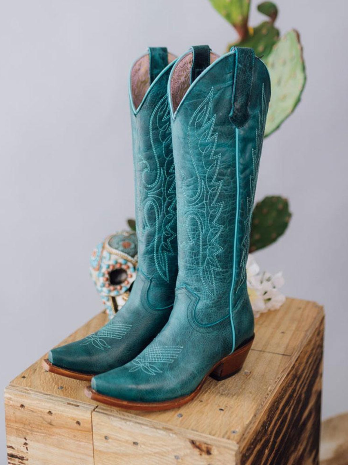 Distressed Turquoise Eagle Embroidery Snip-Toe Half-Zip Cowgirl Knee High Tall Boots