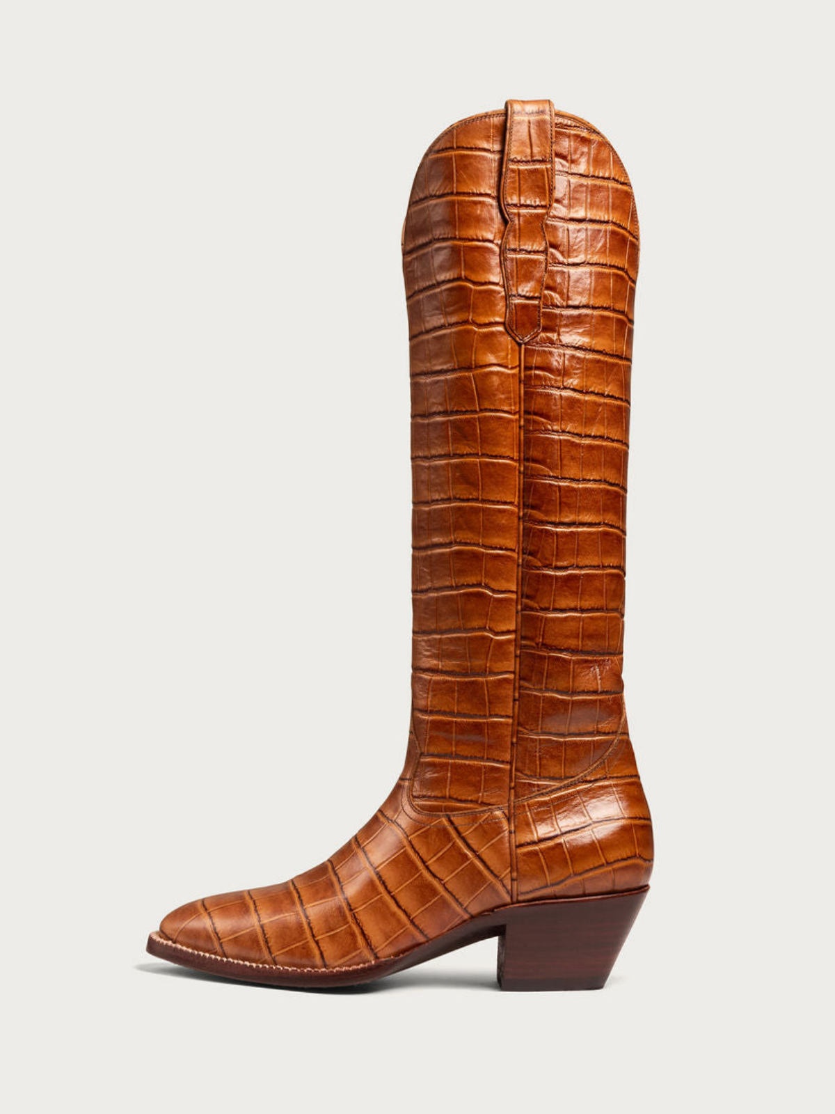Cognac Croco Print Round-Toe Wide Knee High Cowgirl Boots