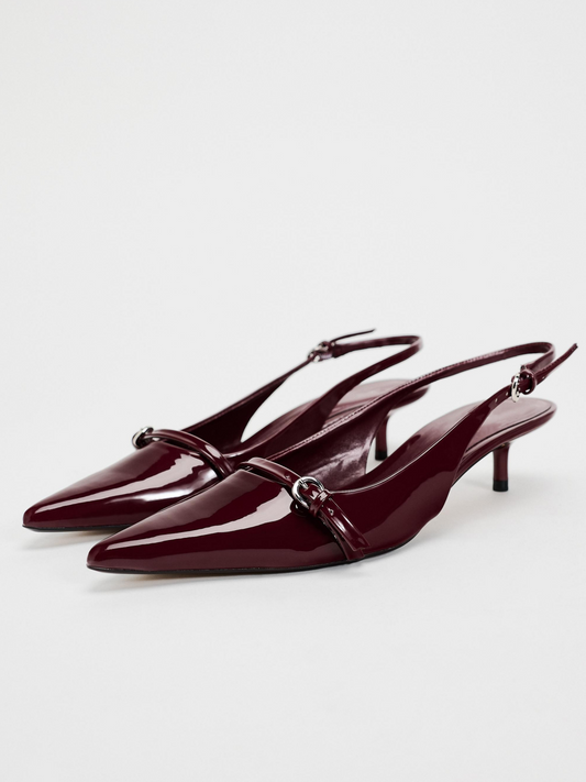 Patent Maroon Kitten Heels Slingback Courts Scarpin Pumps with Buckled Strap