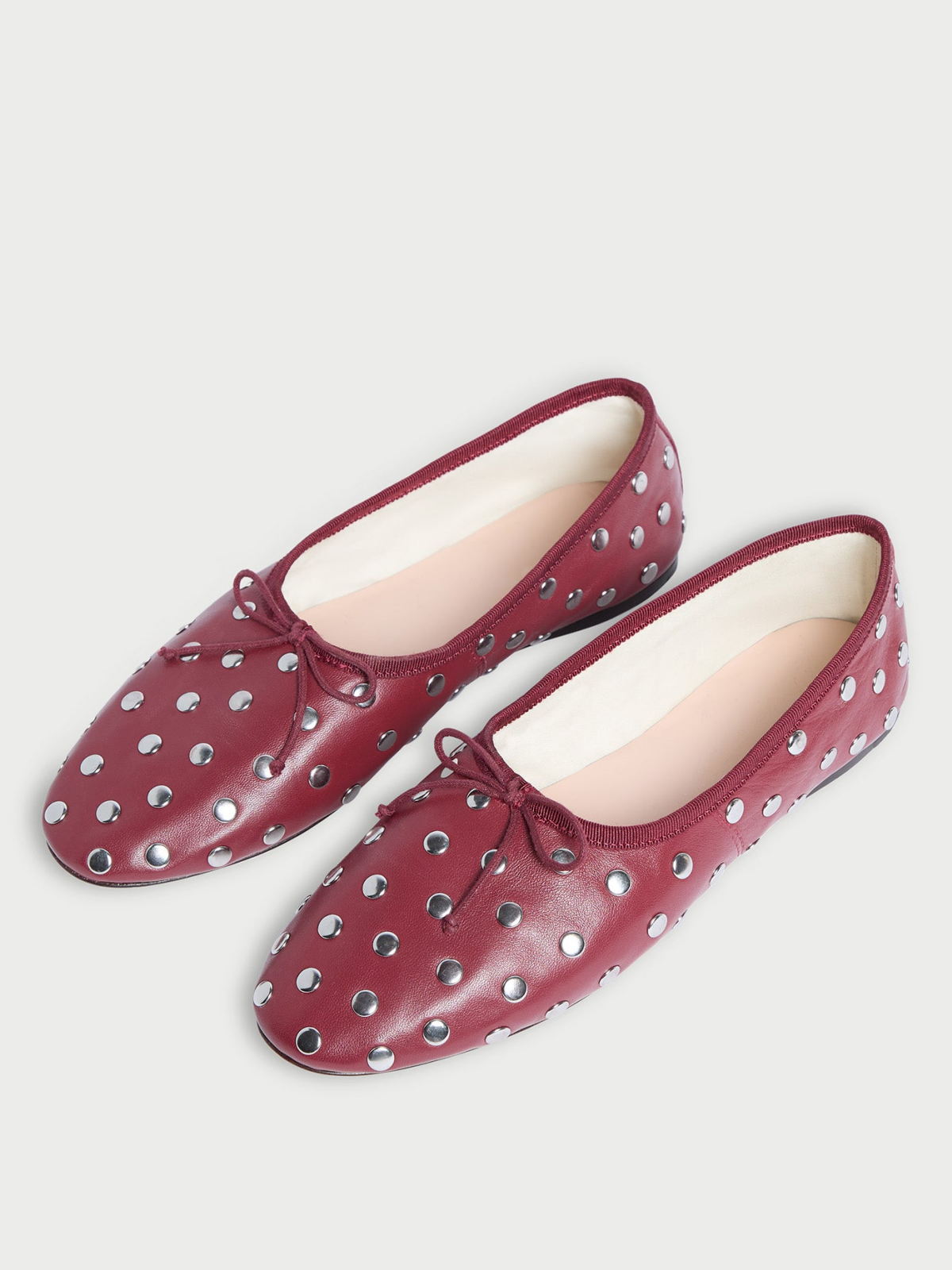 Wine Red Almond-Toe Bow Ballet Flats With Silver Studs