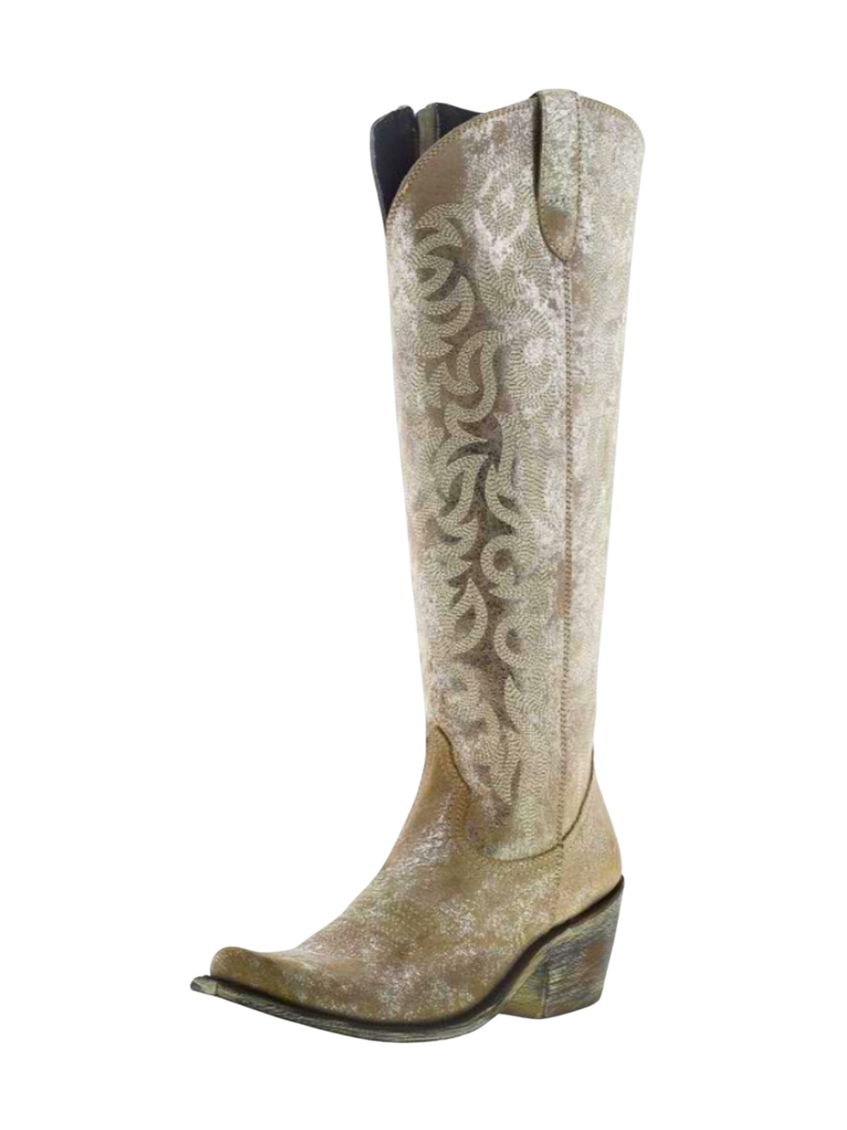 Distressed Metallic Round Pointed-Toe Embroidery Full-Zip Tall Knee High Cowgirl Boots - Gold