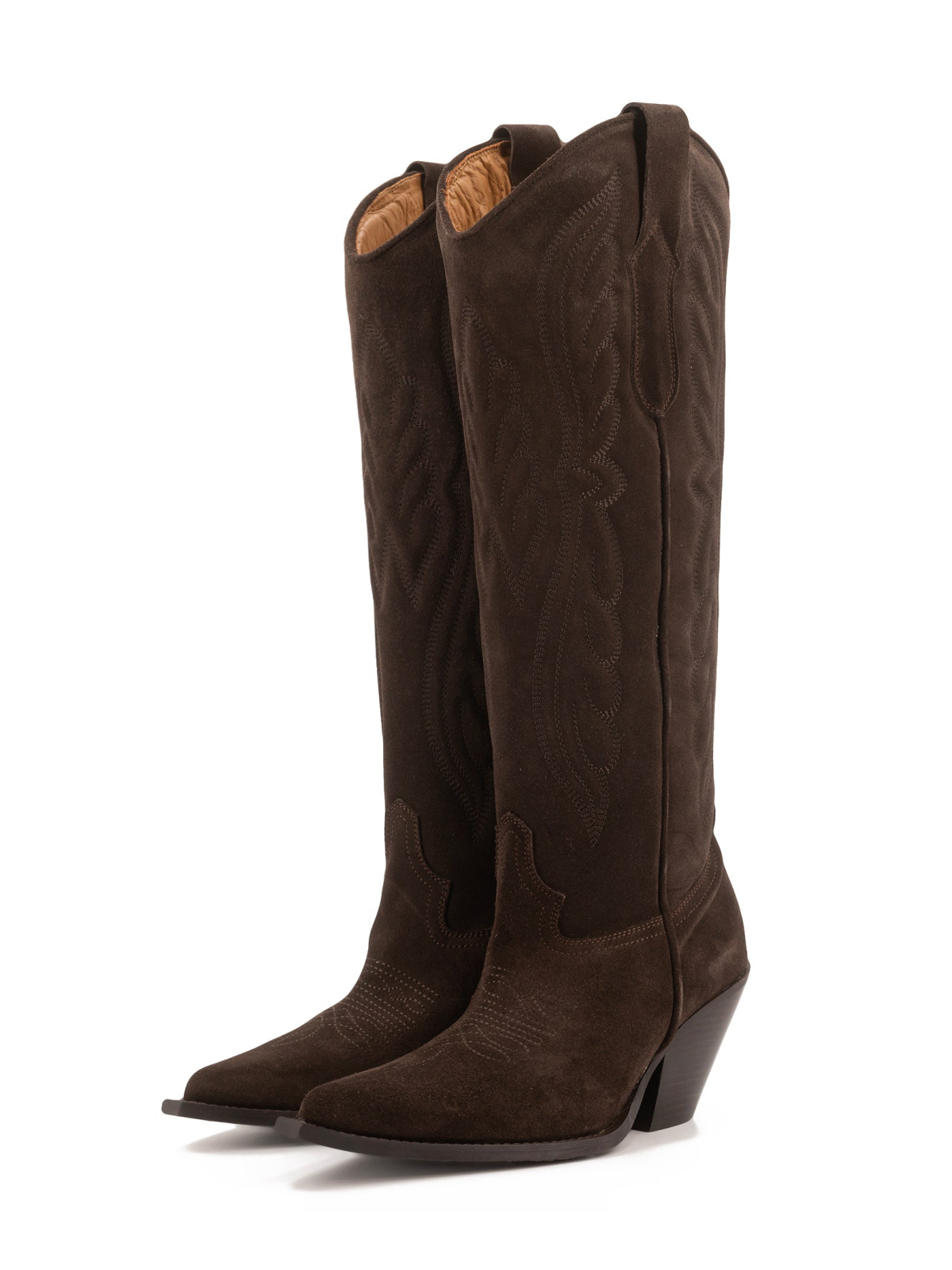 Wing Embroidery Faux Suede Pointed-Toe Wide Calf Tall Knee High Cowgirl Boots - Chocolate