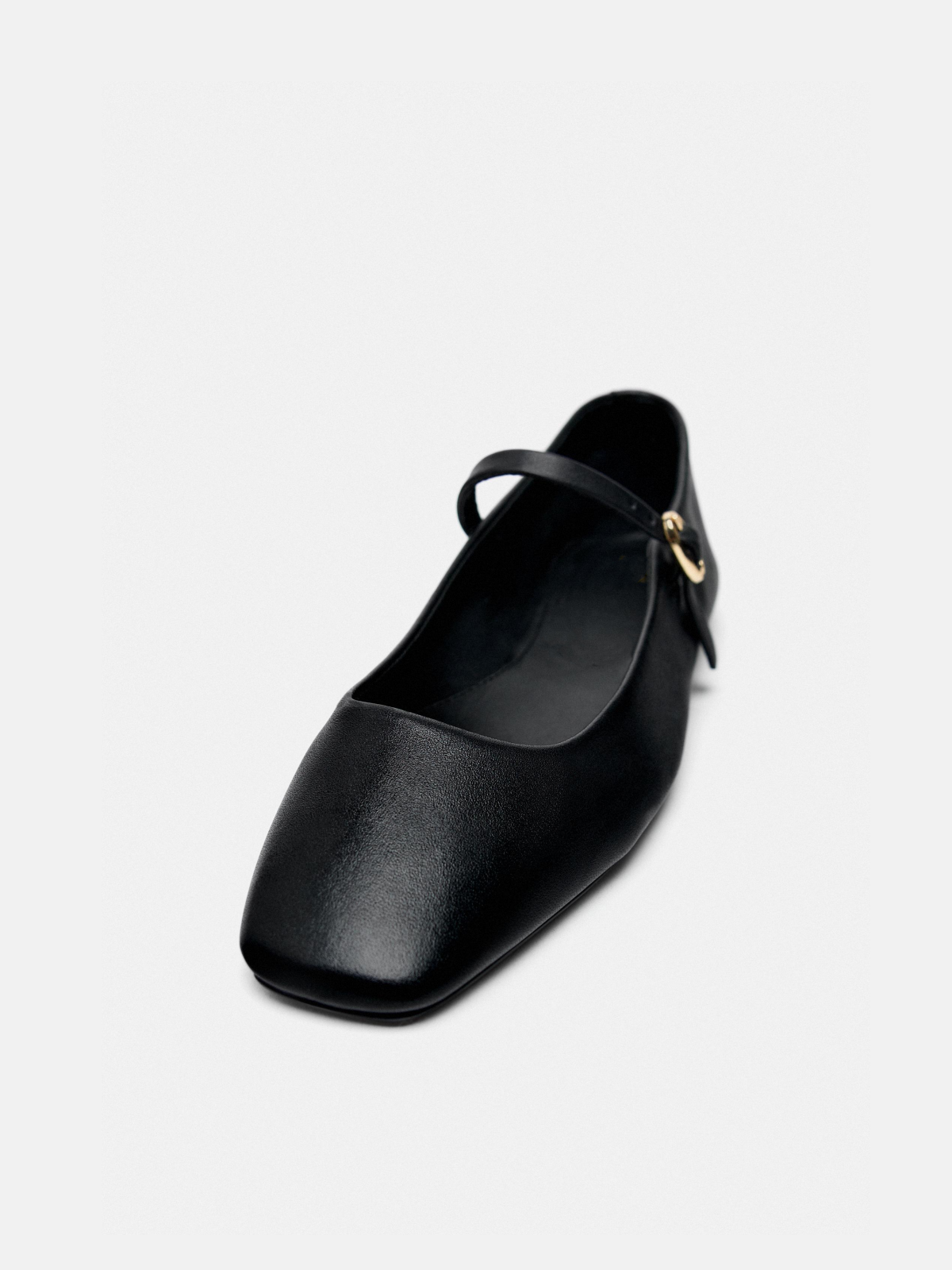 Black Vegan Leather Square-Toe Ballet Flats Mary Janes With Buckled Strap