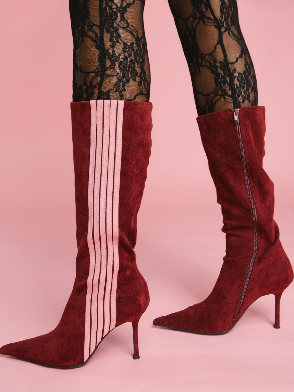 Wine Red Pointed-Toe Mid Calf Full-Zip Stiletto Boots With Contrasting Stripe