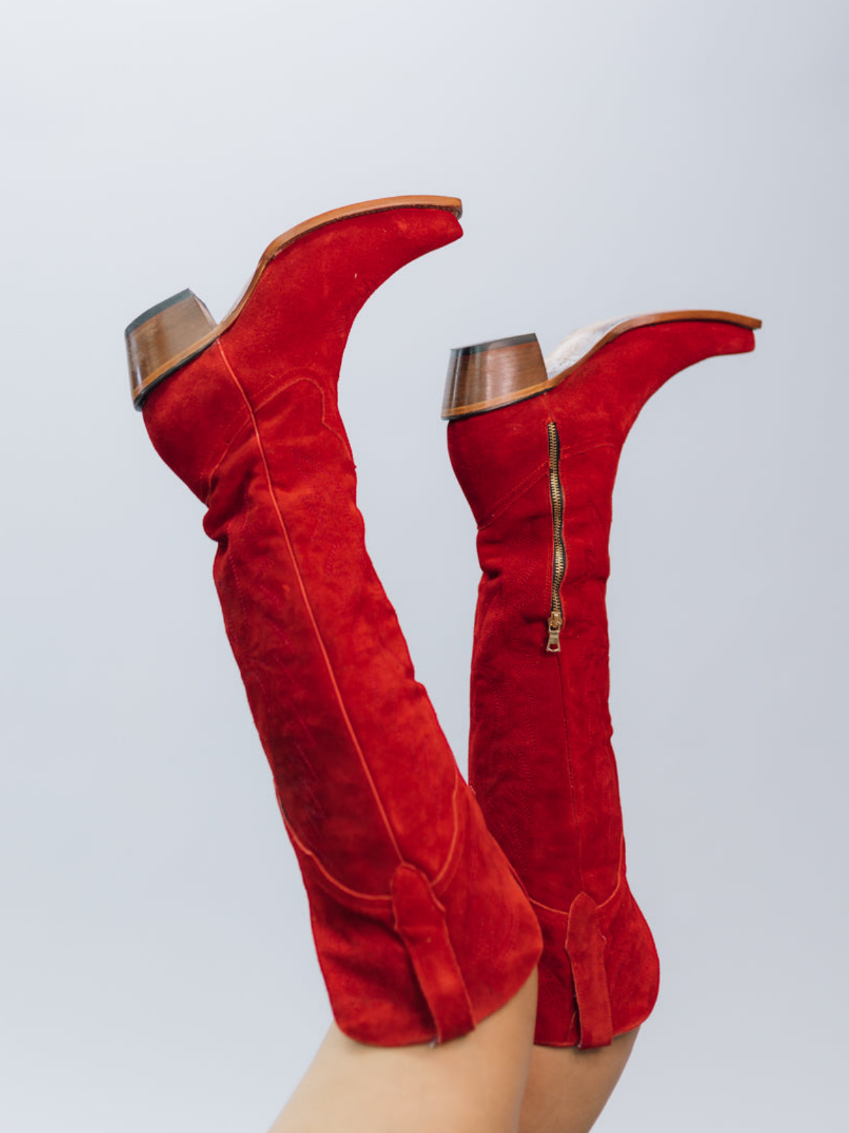 Eagle Embroidery Snip-Toe Half-Zip Over-The-Knee Tall Cowgirl Boots - Red Faux Suede