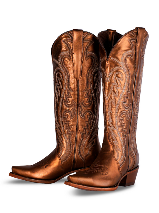 Metallic Copper Embroidery Snip-Toe Wide Calf Tall Knee High Cowgirl Boots