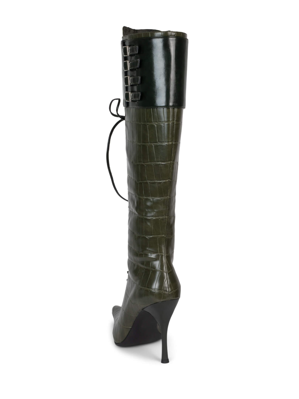 Dark Green Croc-Embossed Vegan Leather Wide Mid Calf Stiletto Boots With Lace-Up And Buckle Cuff