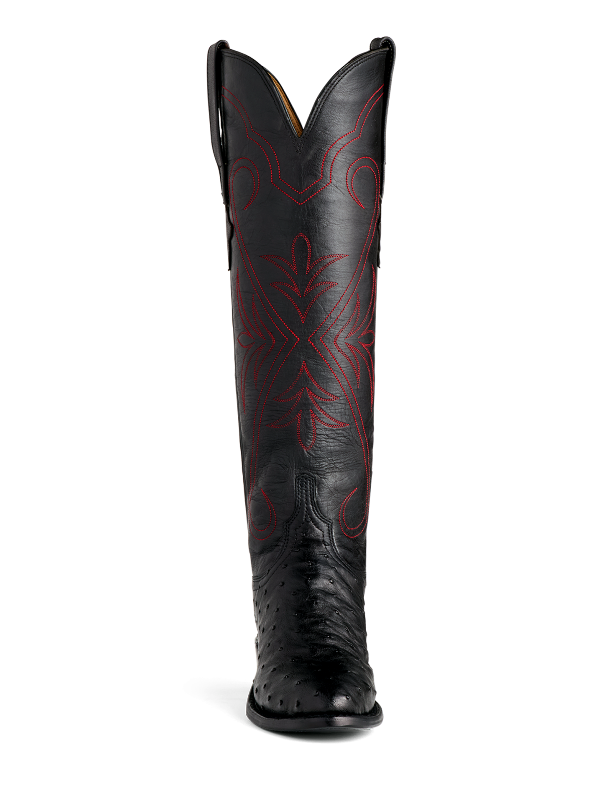 Black Almond-Toe Full Quill Ostrich Embroidery Wide Calf Knee High Tall Western Boots For Women