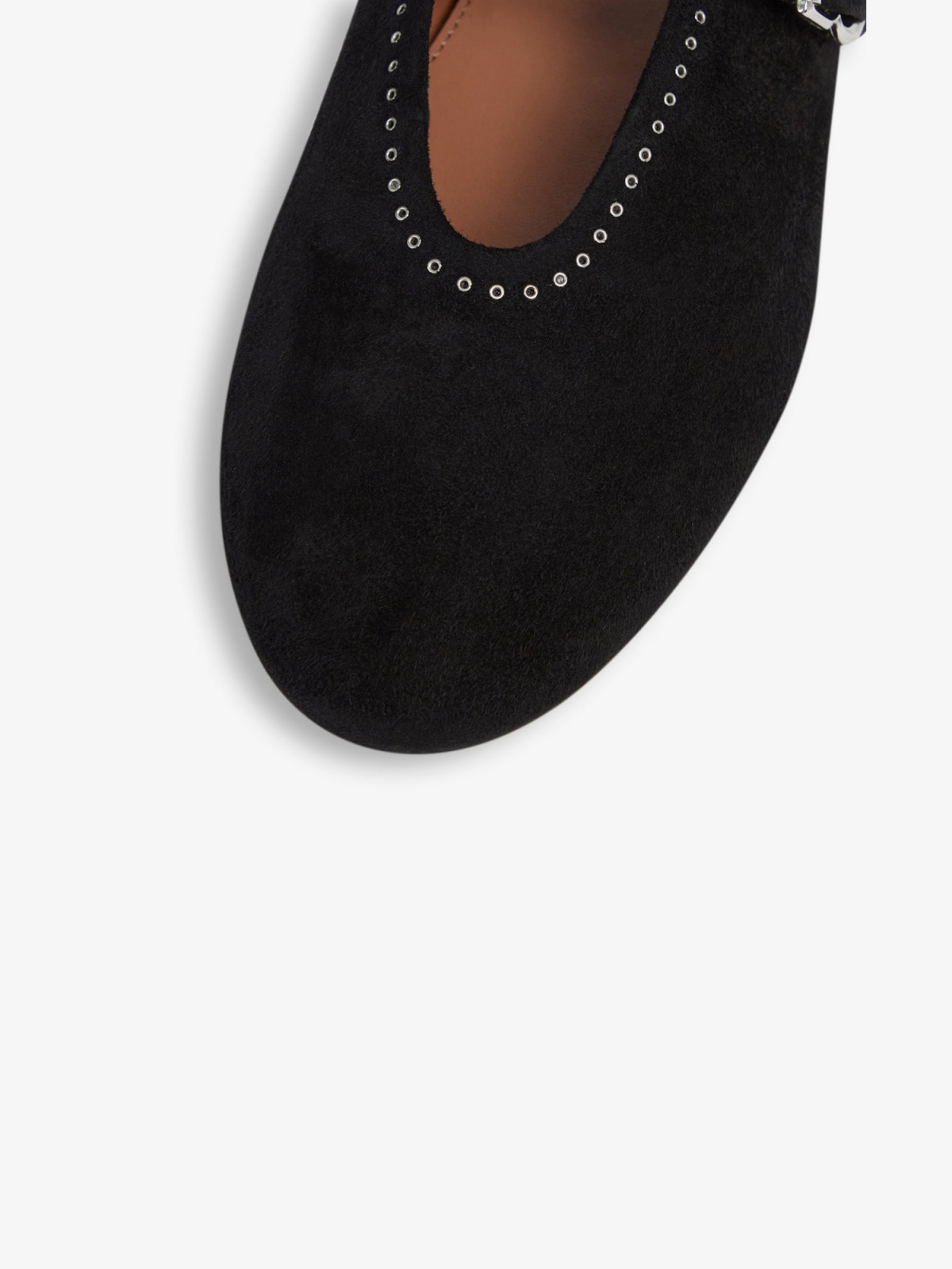 Black Faux Suede Eyelet Ballet Flats Mary Janes With Buckled Strap