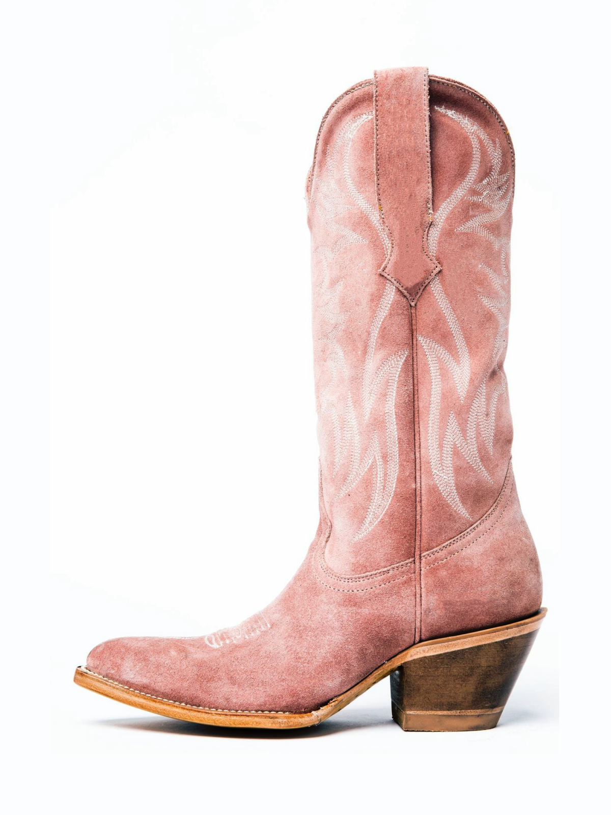 Faux Suede Wings Embroidery Pointed-Toe Wide Mid Calf Tall Cowgirl Boots - Blush Pink