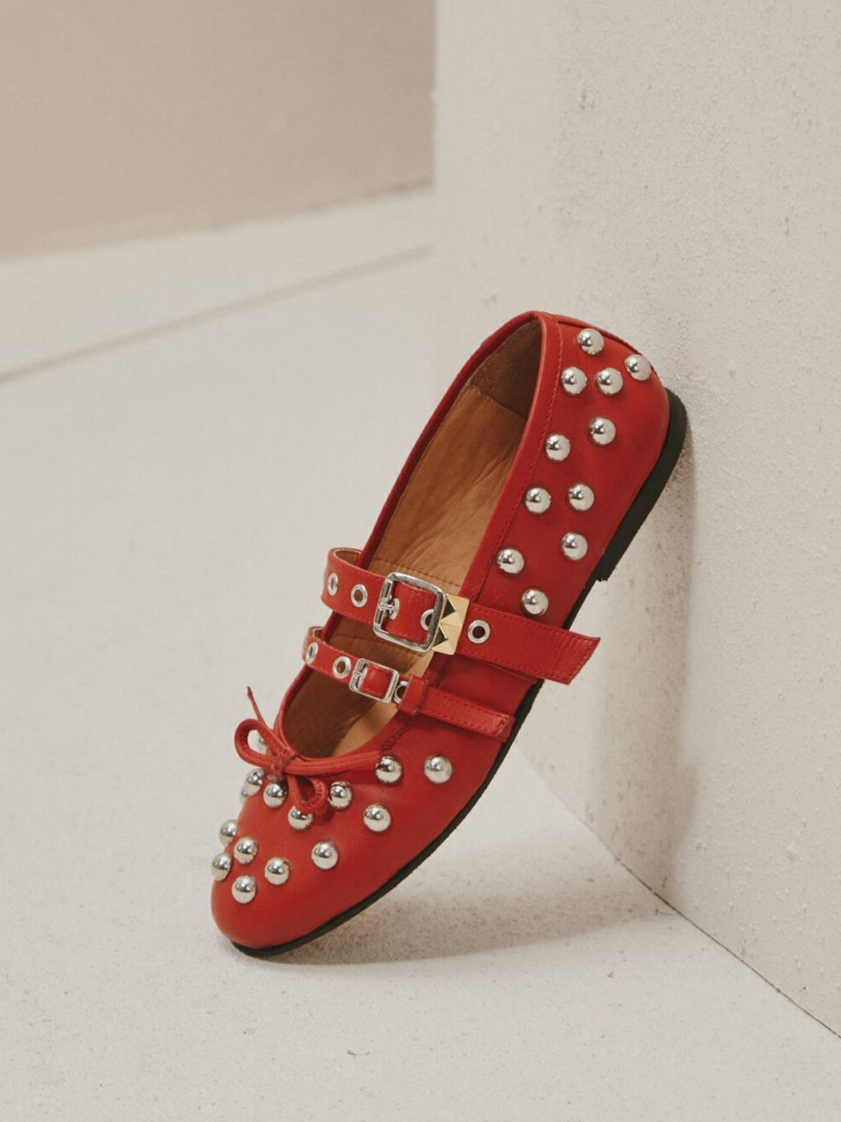 Red Bow Stud Ballet Flats Mary Janes With Grommet Eyelet Buckled Strap