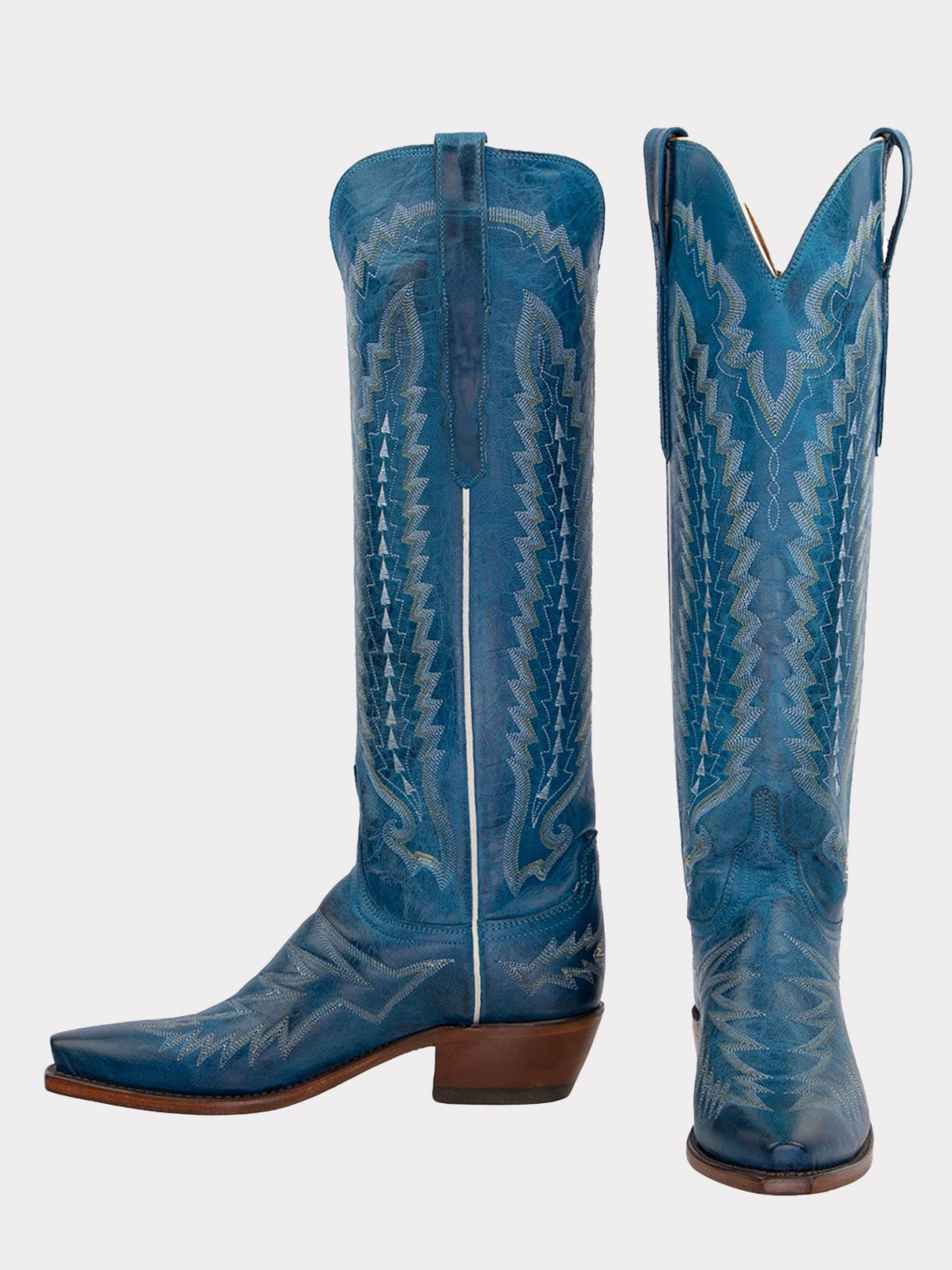 Crinkle Snip-Toe Embroidery Wide Calf Knee High Tall Cowgirl Boots - Blue