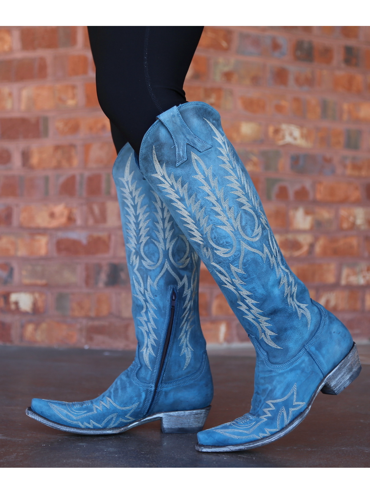 Distressed Blue Snip-Toe Half-Zip Embroidery Knee High Tall Cowgirl Boots