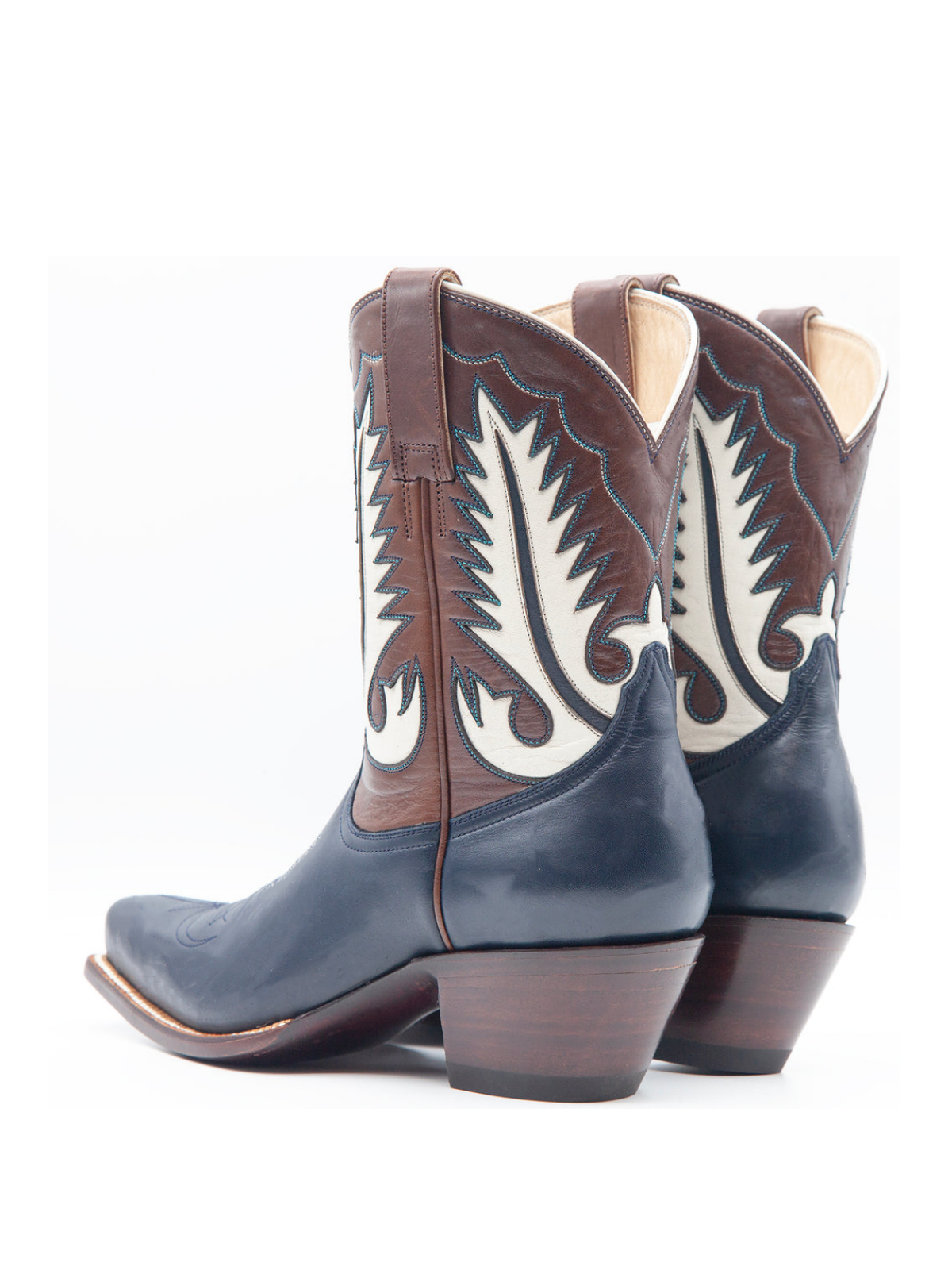 Contrast Blue And Brown Snip-Toe White Feather Inlay Wide Mid Calf Cowgirl Boots