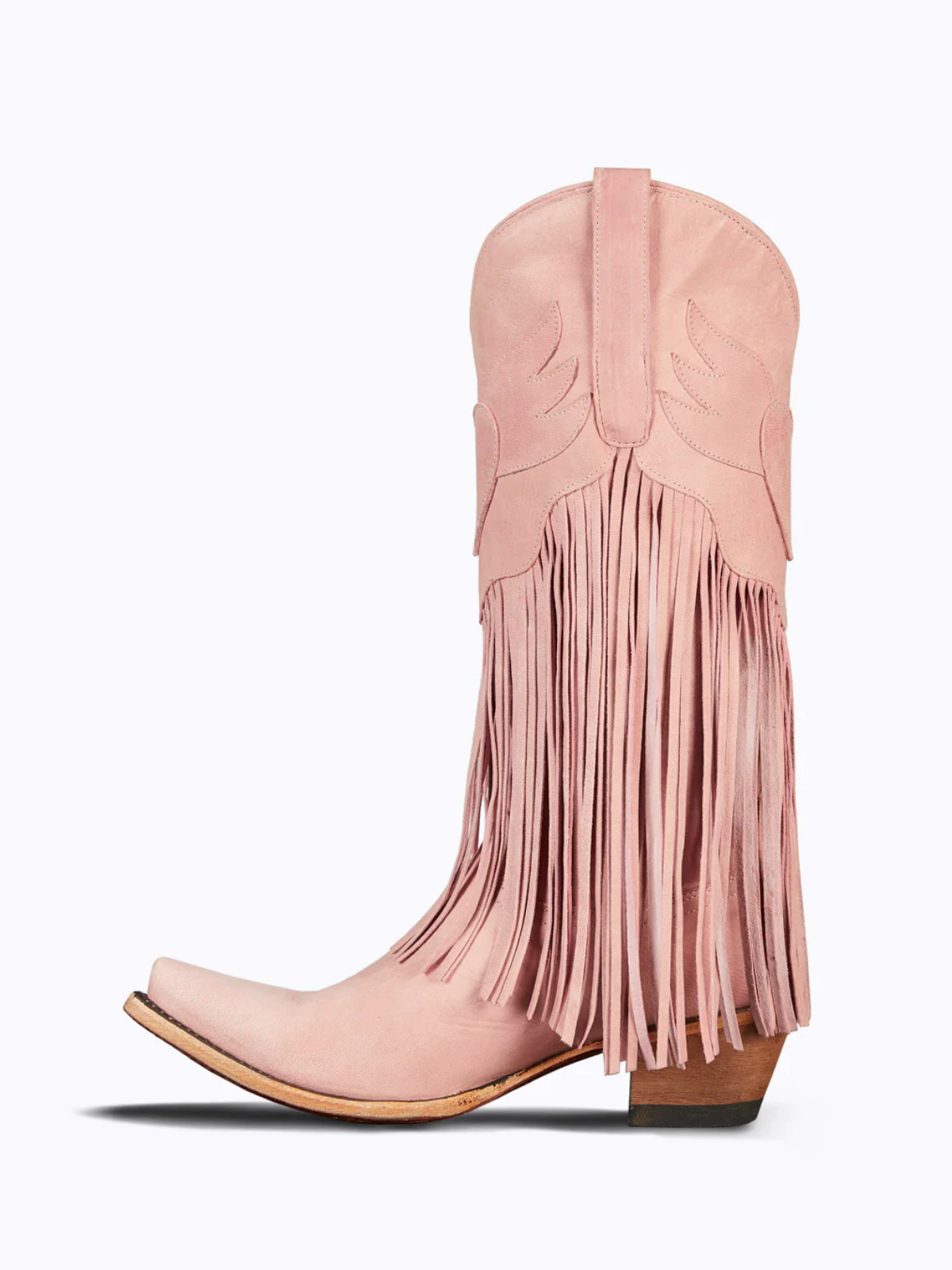 Blush Pink Snip-Toe Heart Inlay Fringe Wide Mid Calf Cowgirl Boots