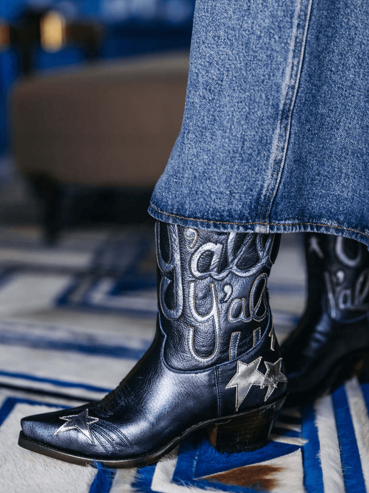 Metallic Navy Blue Snip-Toe Star And Letters Inlay Applique Wide Mid Calf Cowgirl Boots