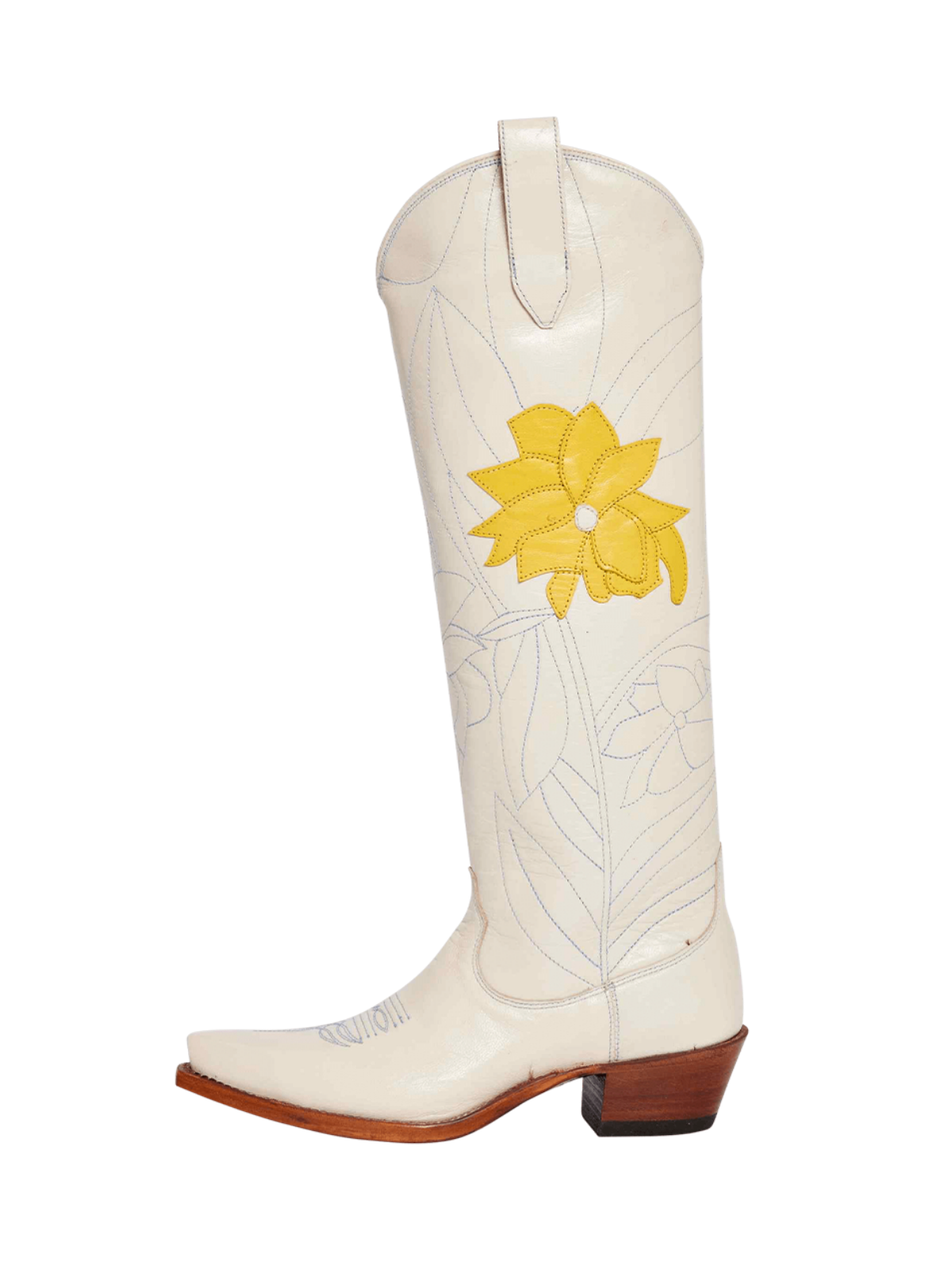 Cream Snip-Toe Embroidery Flower Applique Wide Calf Knee High Cowgirl Boots