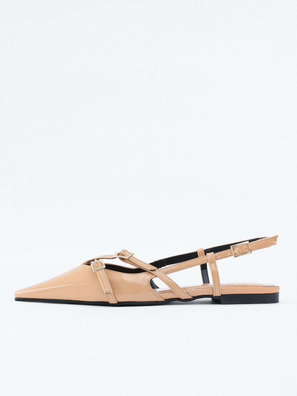 Nude Patent Buckle Detailed Pointy-Toe Ballet Flats Slingbacks