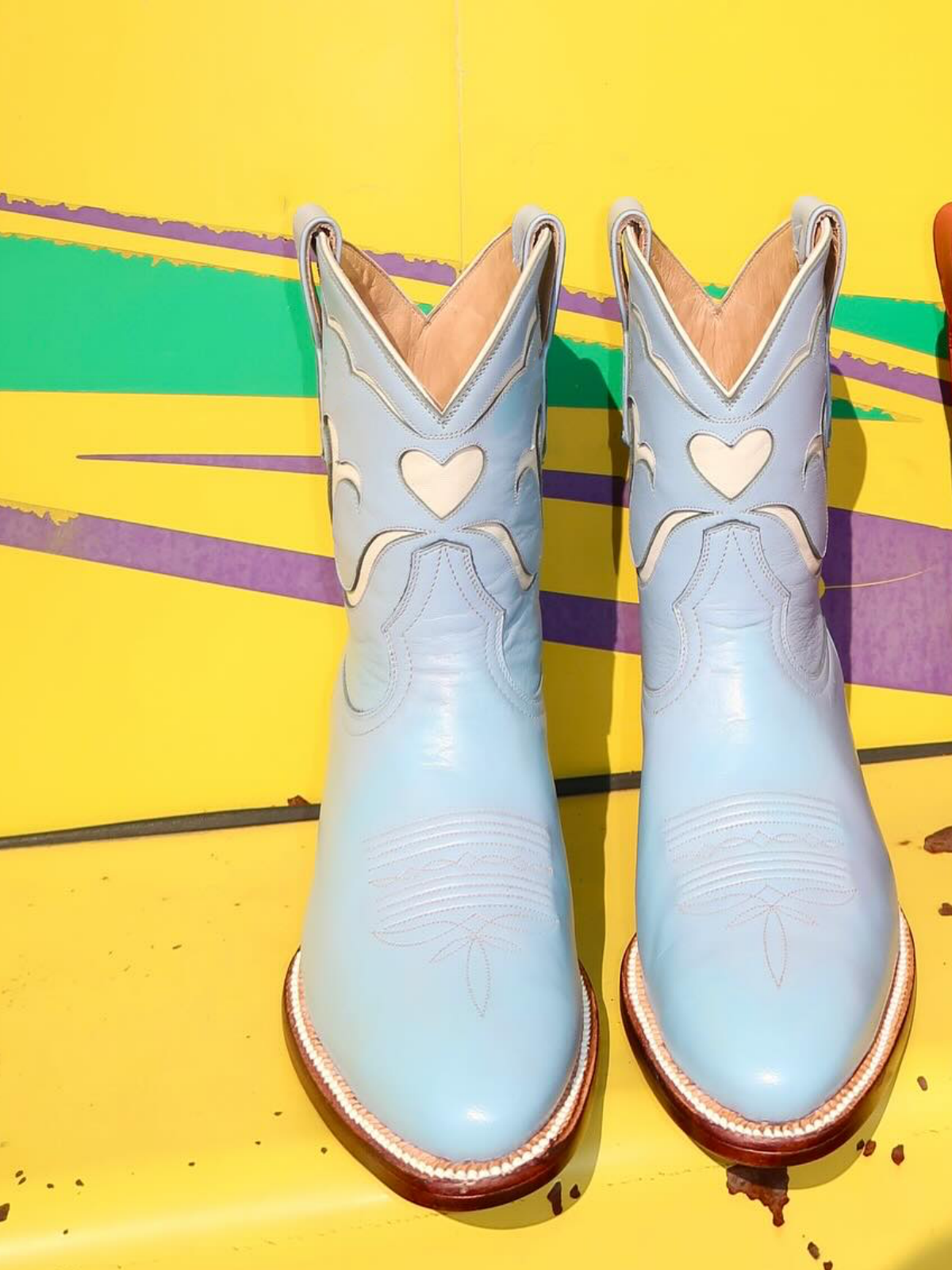 White Heart Inlay Almond-Toe Wide Mid Calf Cowgirl Boots - Powder Blue