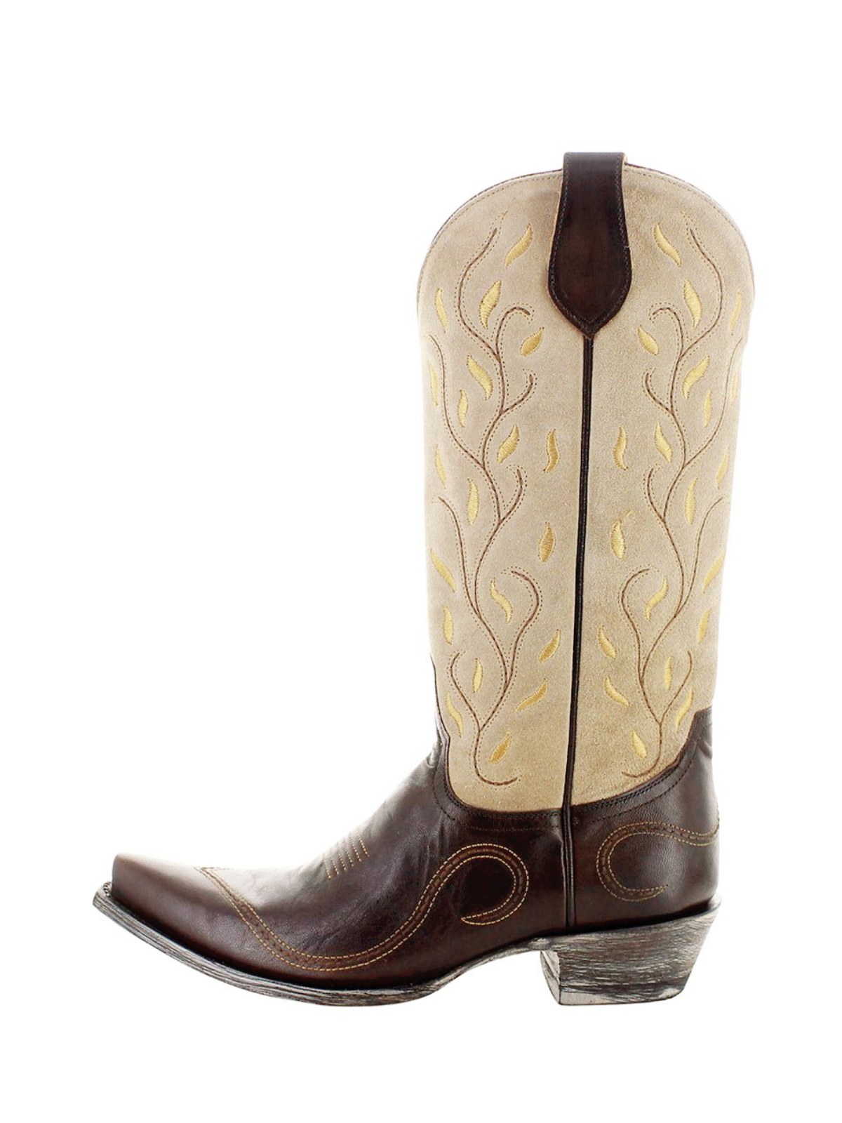 Contrast Chocolate And Tan Faux Suede Snip-Toe Embroidery Wide Mid Calf Cowgirl Boots