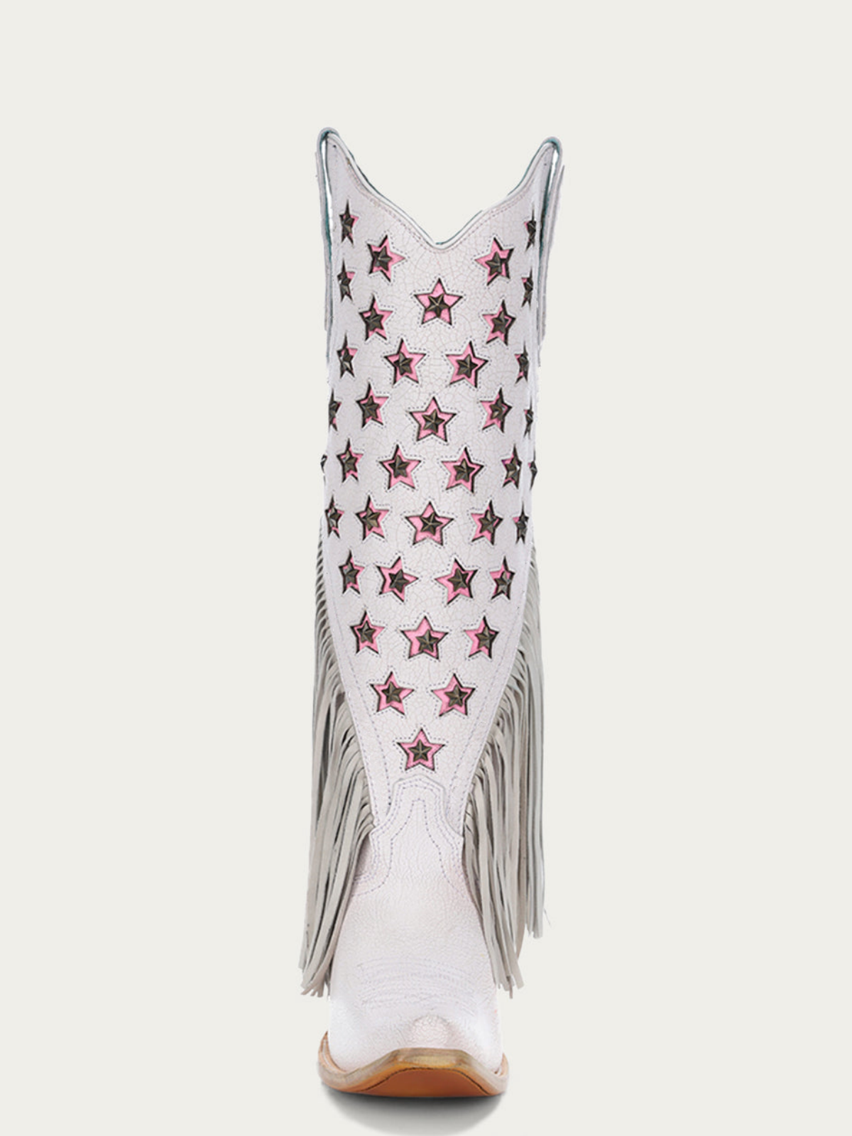 White Crinkle Star Studs Pink Inlay Fringe Snip-Toe Wide Mid Calf Tall Cowgirl Boots