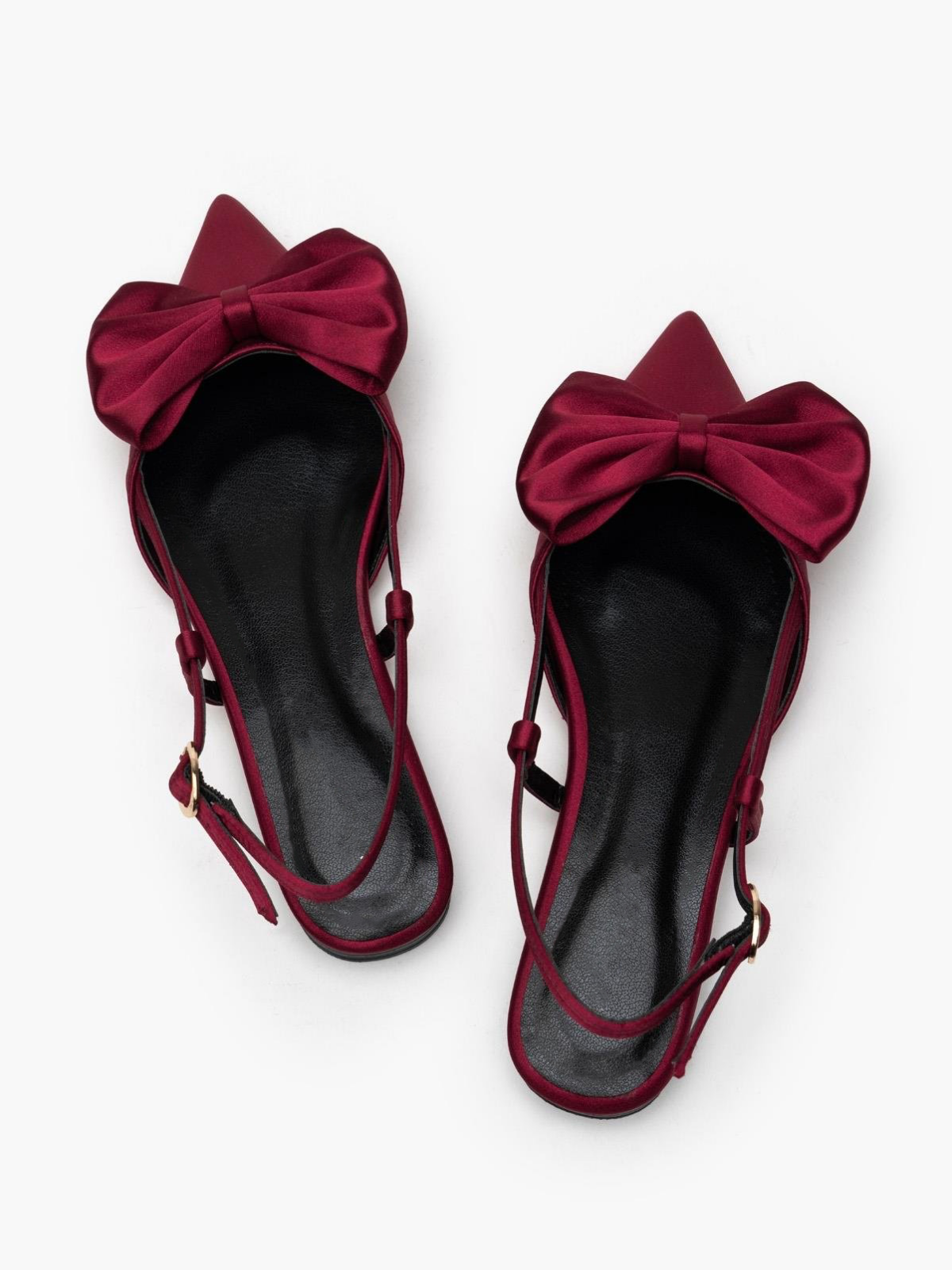 Burgundy Satin Bow Pointy Ballet Flats Slingbacks With Buckled Strap