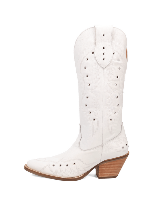 White Snip-Toe Embroidery Wide Mid Calf Cowgirl Boots With Studs