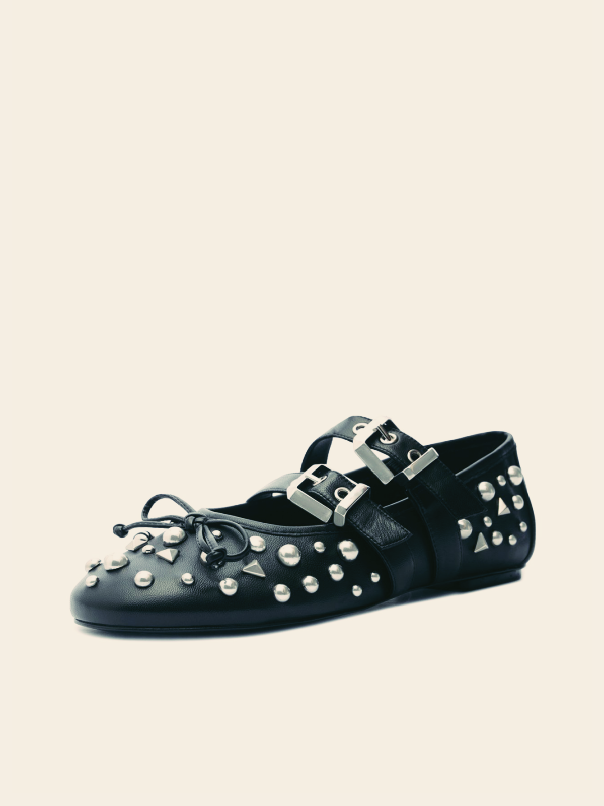 Black Bow Studded Ballet Flats Mary Janes With Grommet Buckled Strap