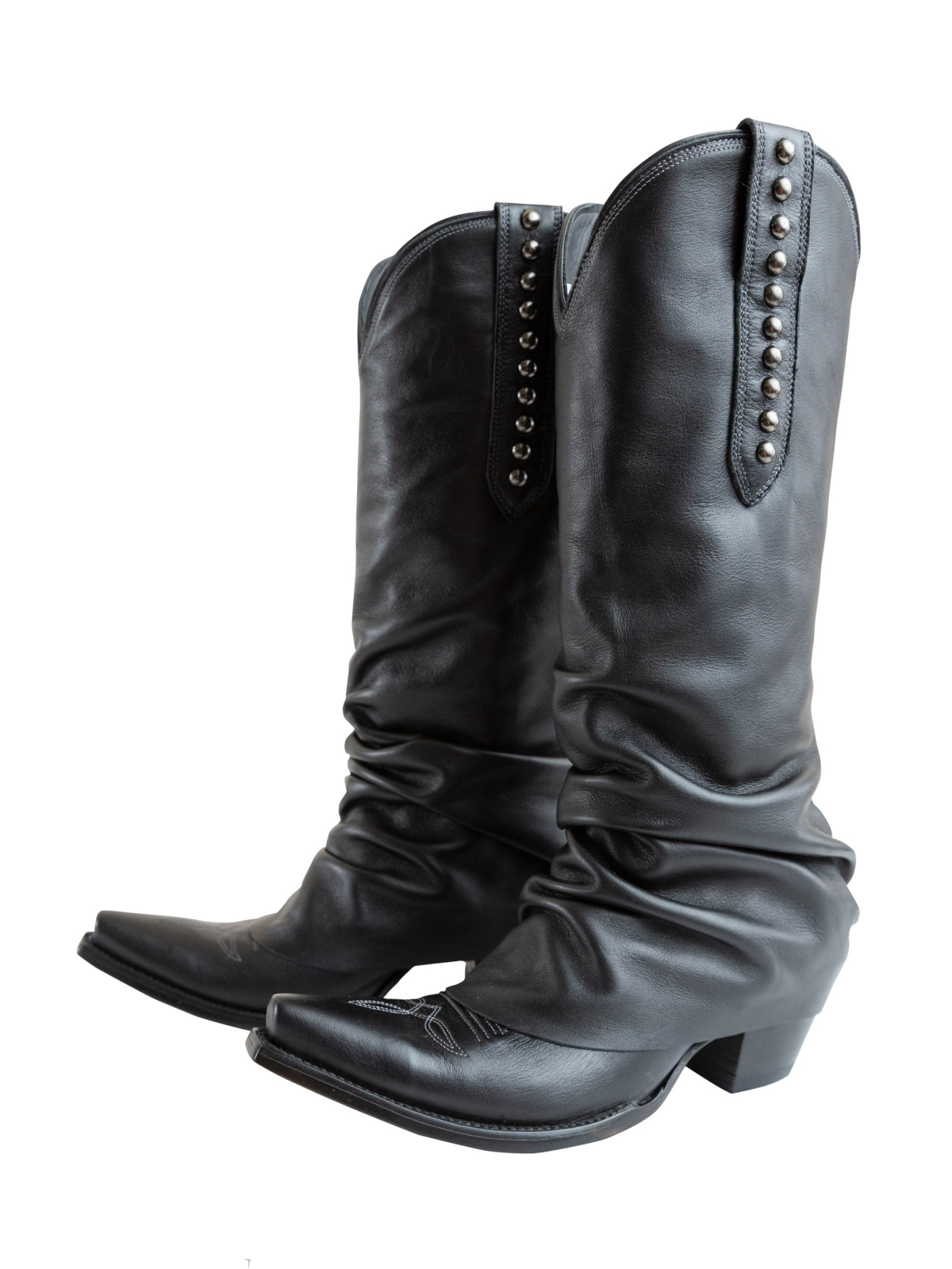 Black Snip-Toe Studded Tall Wide Mid Calf Fold-Over Slouch Cowgirl Boots