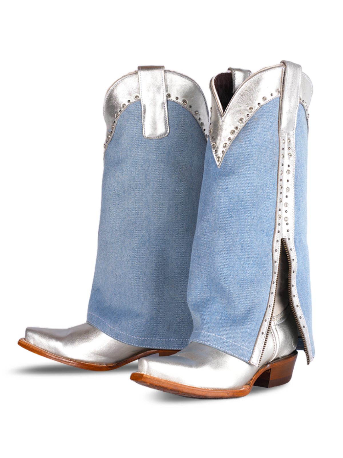 Metallic Silver Fold-Over Blue Denim Rhinestone Studded Half-Zip Mid Calf Tall Cowgirl Boots