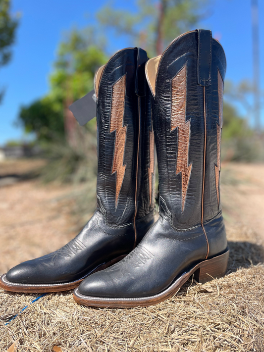 Black Almond-Toe Metallic Gold Lightning Wide Mid Calf Tall Cowgirl Boots