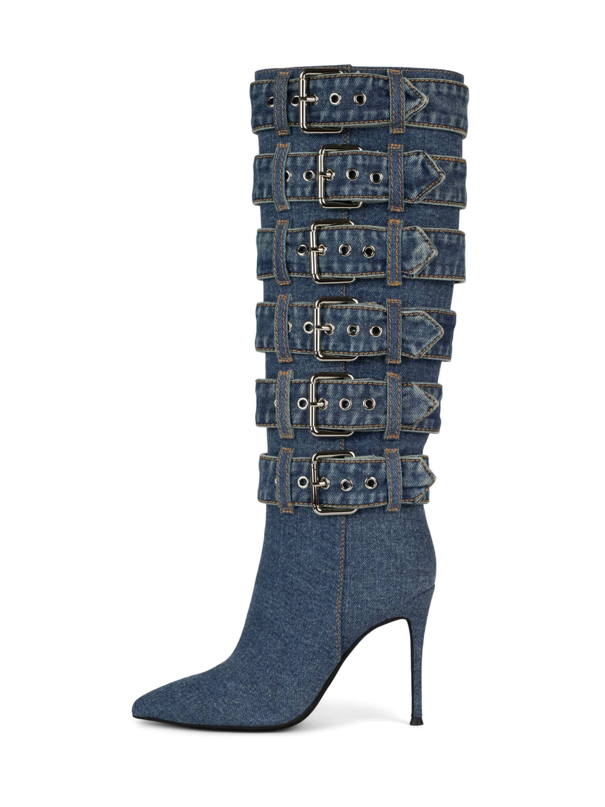 Blue Denim Pointed-Toe Mid Calf Full-Zip Stiletto Boots With Buckles