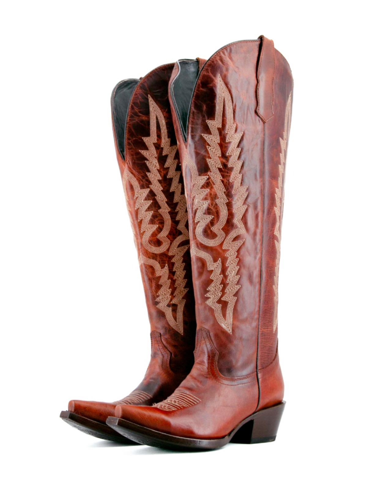 Classic Embroidery Distressed Snip-Toe Half-Zip Tall Knee High Cowgirl Boots - Brandy